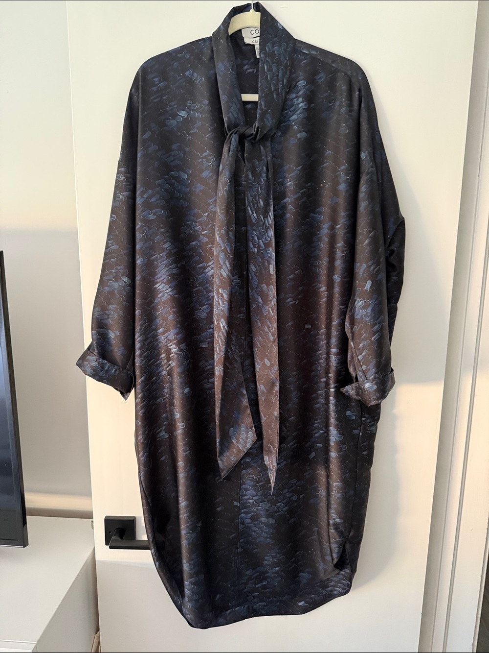 COS Navy and Light Blue Patterned Long-Sleeve dress with neck tie loose fit